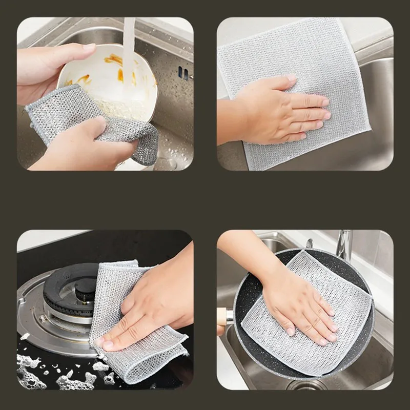 10pcs Magic Dishcloth Silver Wire Cleaning Kitchen Cloth Thickened Microfiber Wash Towel Built-in Sponge Steel Wire Ball Rag