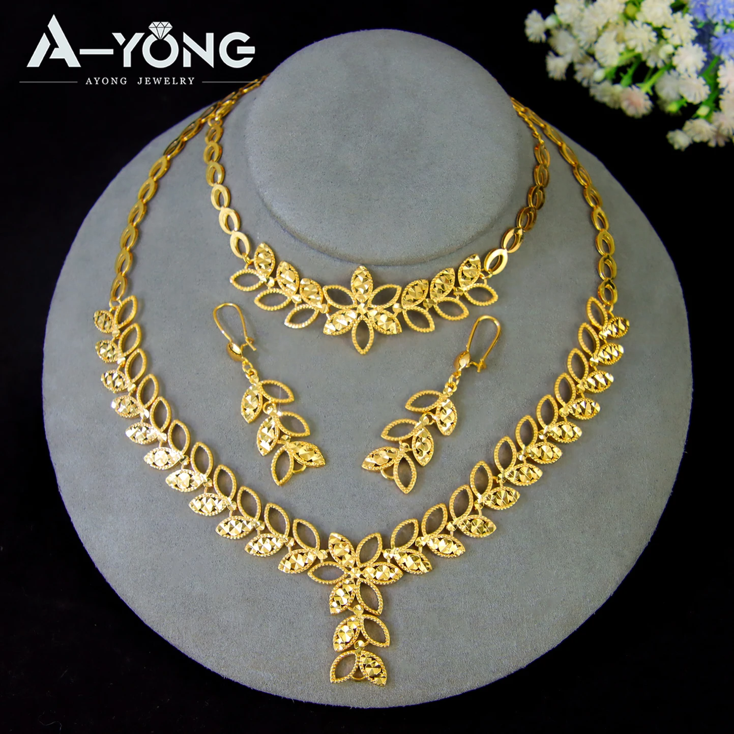 Luxuriöses Dubai Brautschmuck-Set 21k Vergoldet Nigeria Elegante Halskette Armband Ohrringe Arabischer Frauen Party-Schmuck – Detail 16