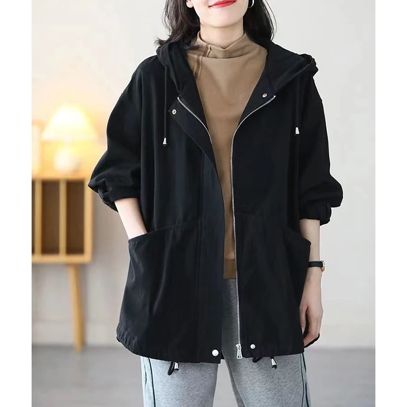 Large Size Women Hooded Trench Coat 2024 New Spring Autumn Women\'s Casual Windbreaker Korean Loose Female Lined Outerwear 4XL