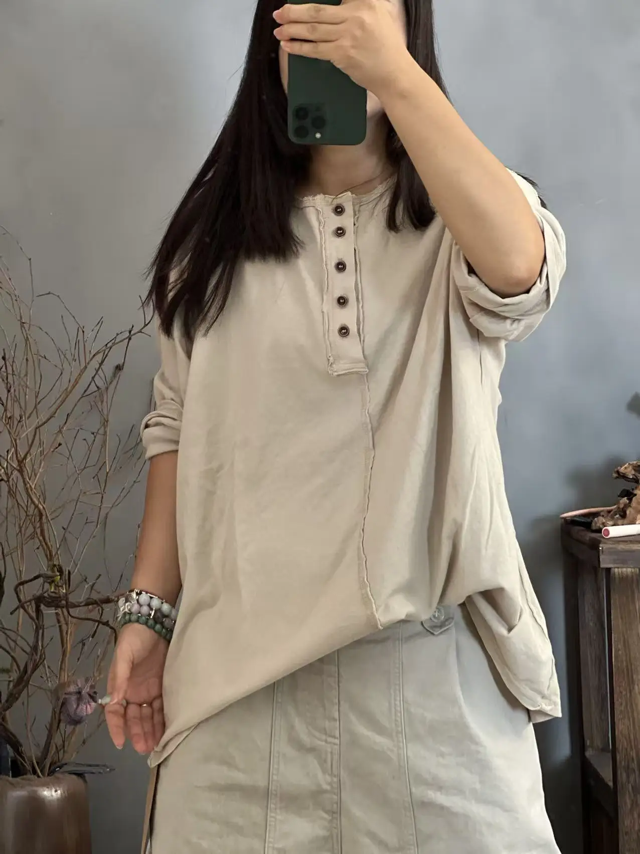 

FF 700 Autumn New Casual Versatile Semi-Buled Simple Women's T-irt Pure Cotton Long 68 Color 73 Chest Circumference 26