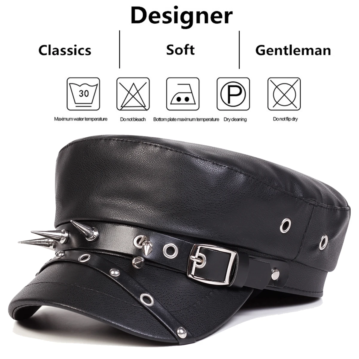 Unisex Rivet Buckle Leather Hat Spring Autumn Sailor Hats Black Beret Cap Men Flat Top Captain Military Caps image 6