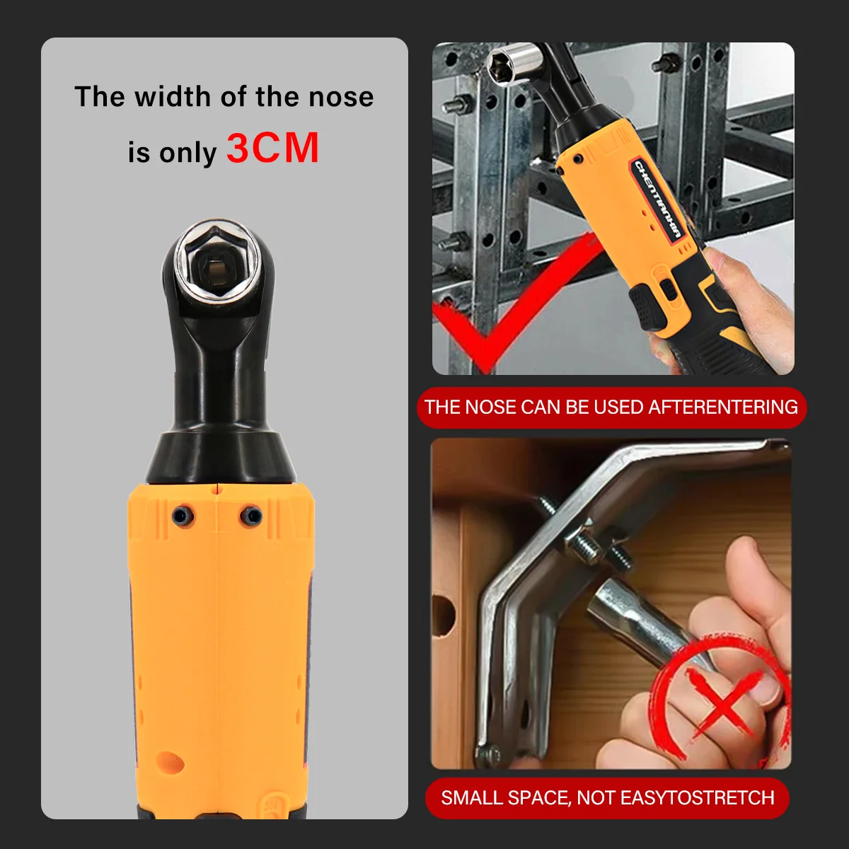 380Nm Electric Cordless Right Ratchet 3/8'' 90 Angle Wrench Power 2x Battery Kit