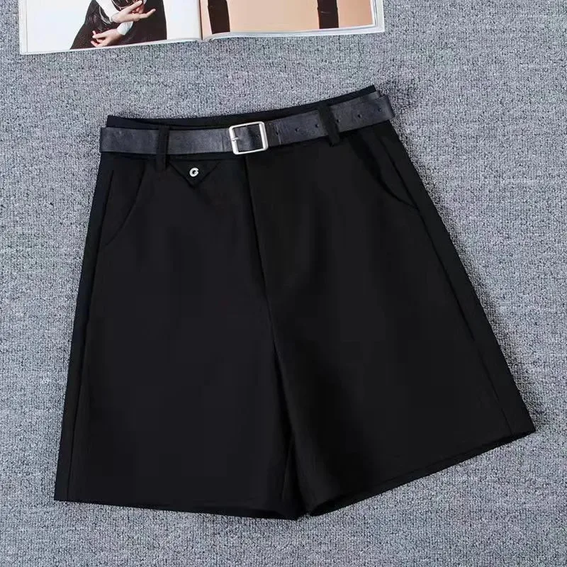 

Женские элегантные черные шорты с высокой талией, поясом, широкими штанинами и карманами, для лета