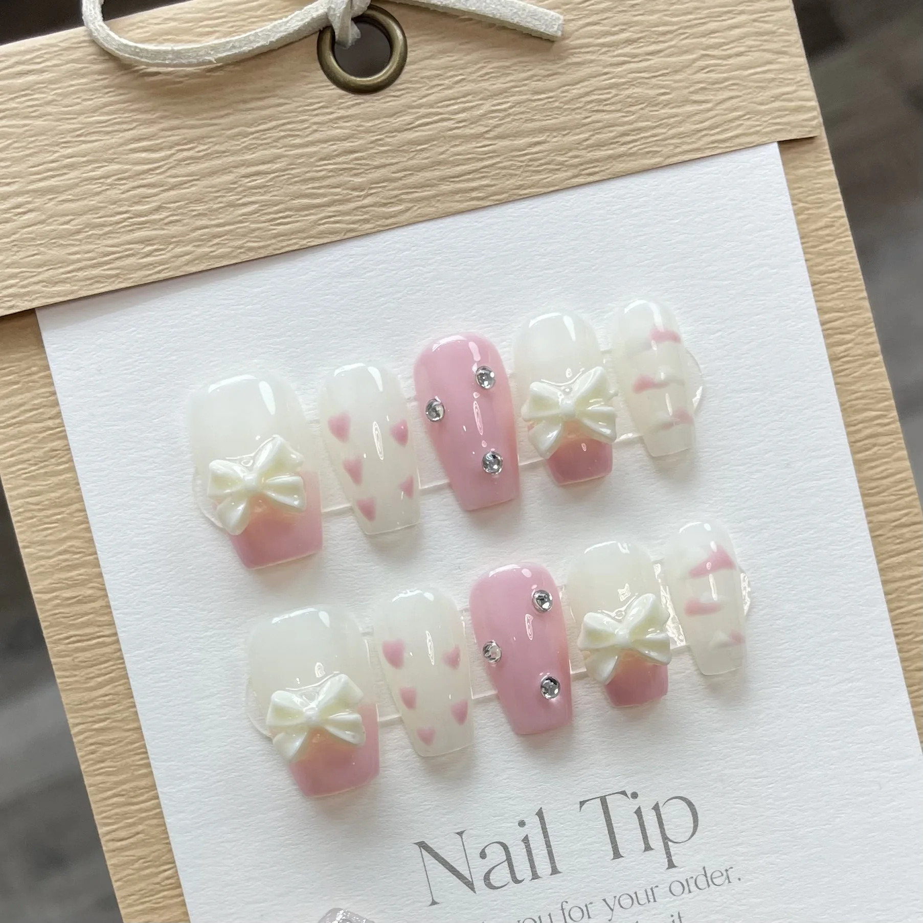 10Pcs Cute Handmade Press On Nails Full Cover Bow Design Pink Sweet Princess False Nails Artificial Manicure Wearable Nail Tips