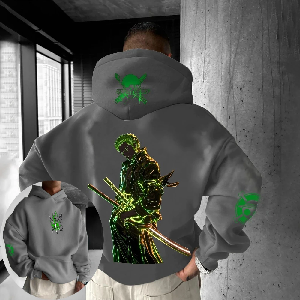 ONE PIECE Sudadera con capucha para hombre Rononoa Zoro Anime Tendencia de moda 2025 Otoño/Invierno Estampado 100% Sudadera con capucha suelta de algodón puro