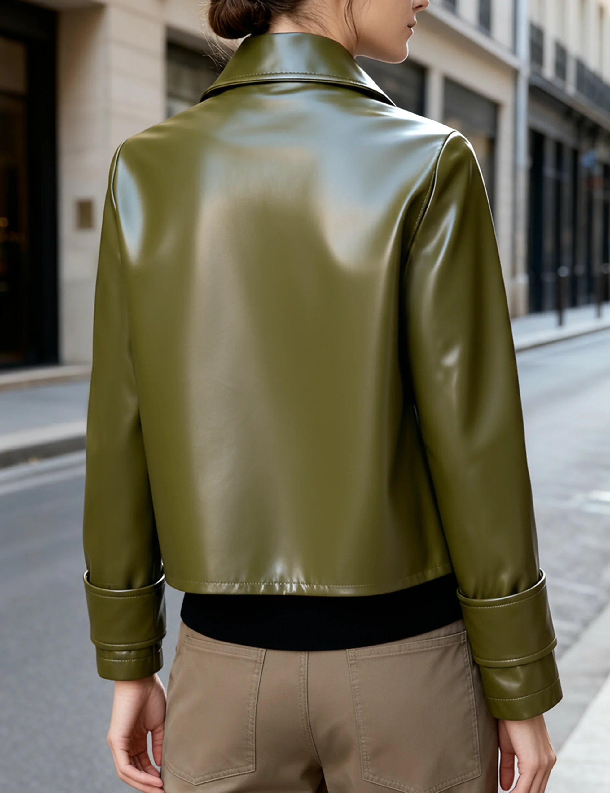 Vestes d'automne et d'hiver en Faux cuir pour femmes, nouvelles manteaux de fête à manches longues en cuir PU, courts, vert frais, tendance, pour dames urbaines, 2025