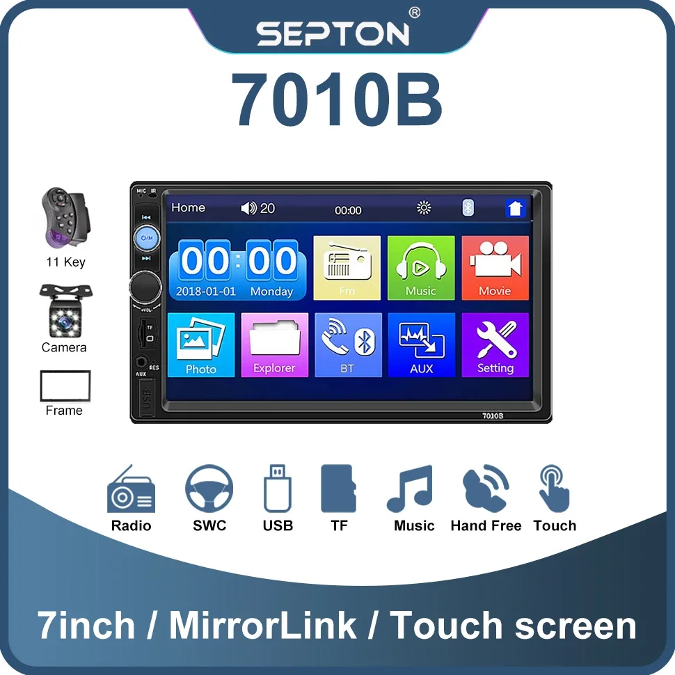 

SEPTON 2DIN Auto Audio Car MP5 Multimedia Player 7010B for Universal Car MP5/BT/FM/SWC Radio 7" Touch Screen AUX USB DVD Mirror