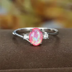 Cute Female Geometric White Pink Fire Opal Ring Small Oval Stone Fashion Silver Color Wedding Jewelry For Women