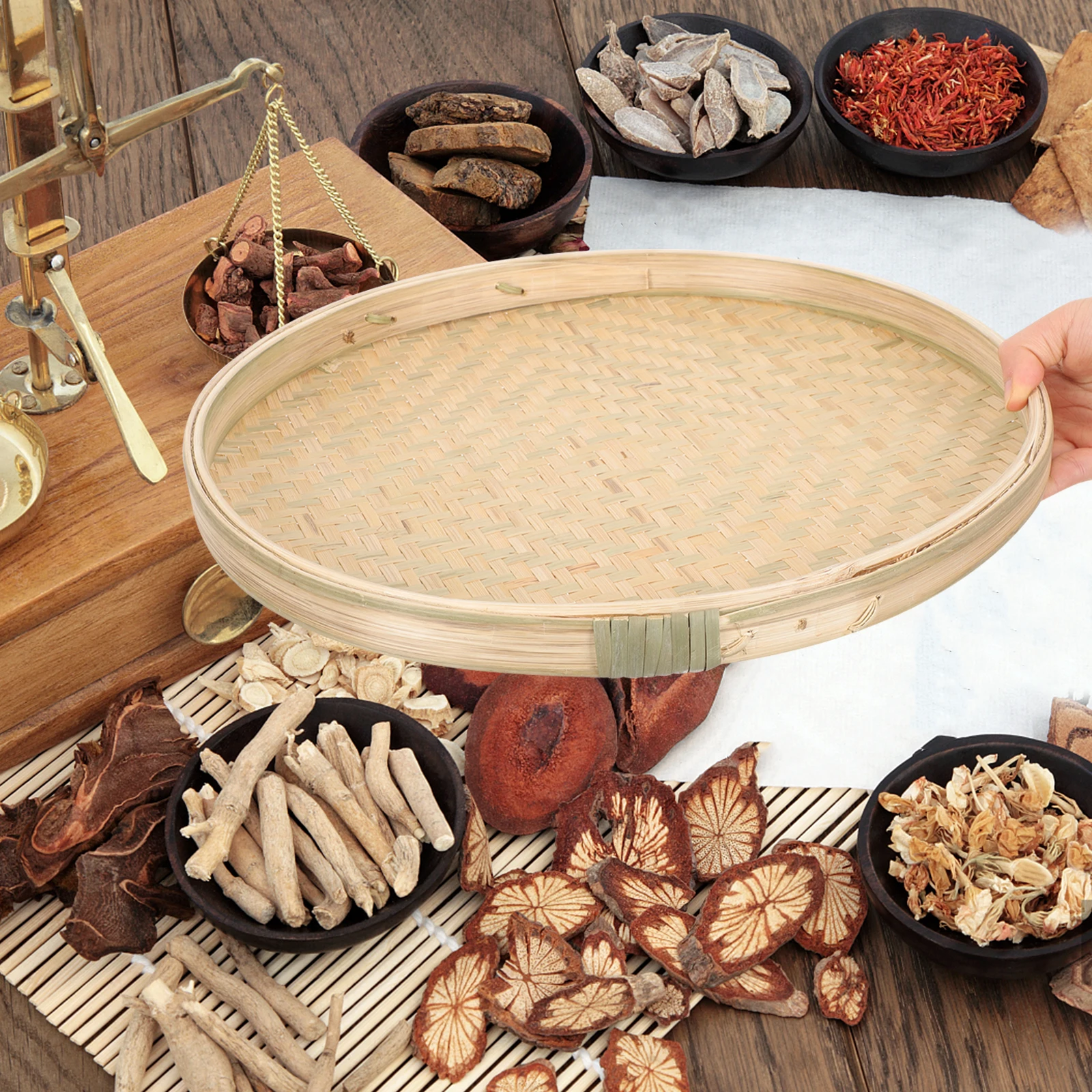

Bamboo Woven Basket Tray Round Bamboo Trays Eating Storage Fruit Basket Picnic Camping Christmas Party Banquet Wedding Tea Herb