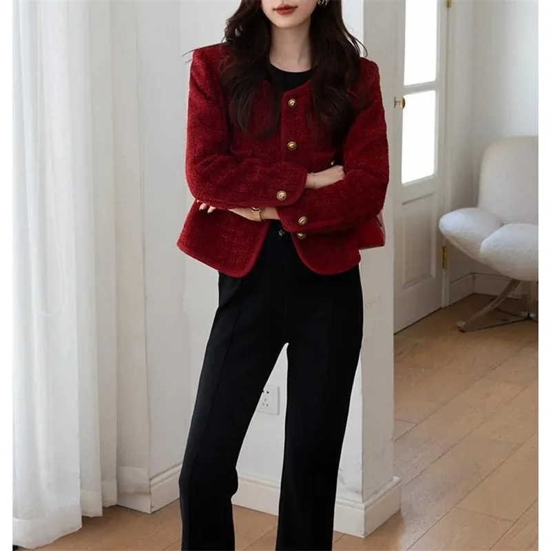 Beautiful Heavy Industry Burgundy Small Fragrance Coat Female Spring And Autumn French Temperament Joker Socialite Tweed Coat