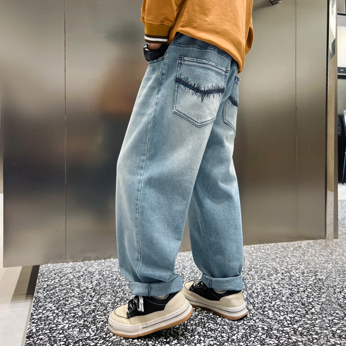 Boys Teen Embroidered Denim Jeans Retro Long Trousers Spring Autumn Simple Style Korean Version Cotton Blend Kids Clothing - view 5