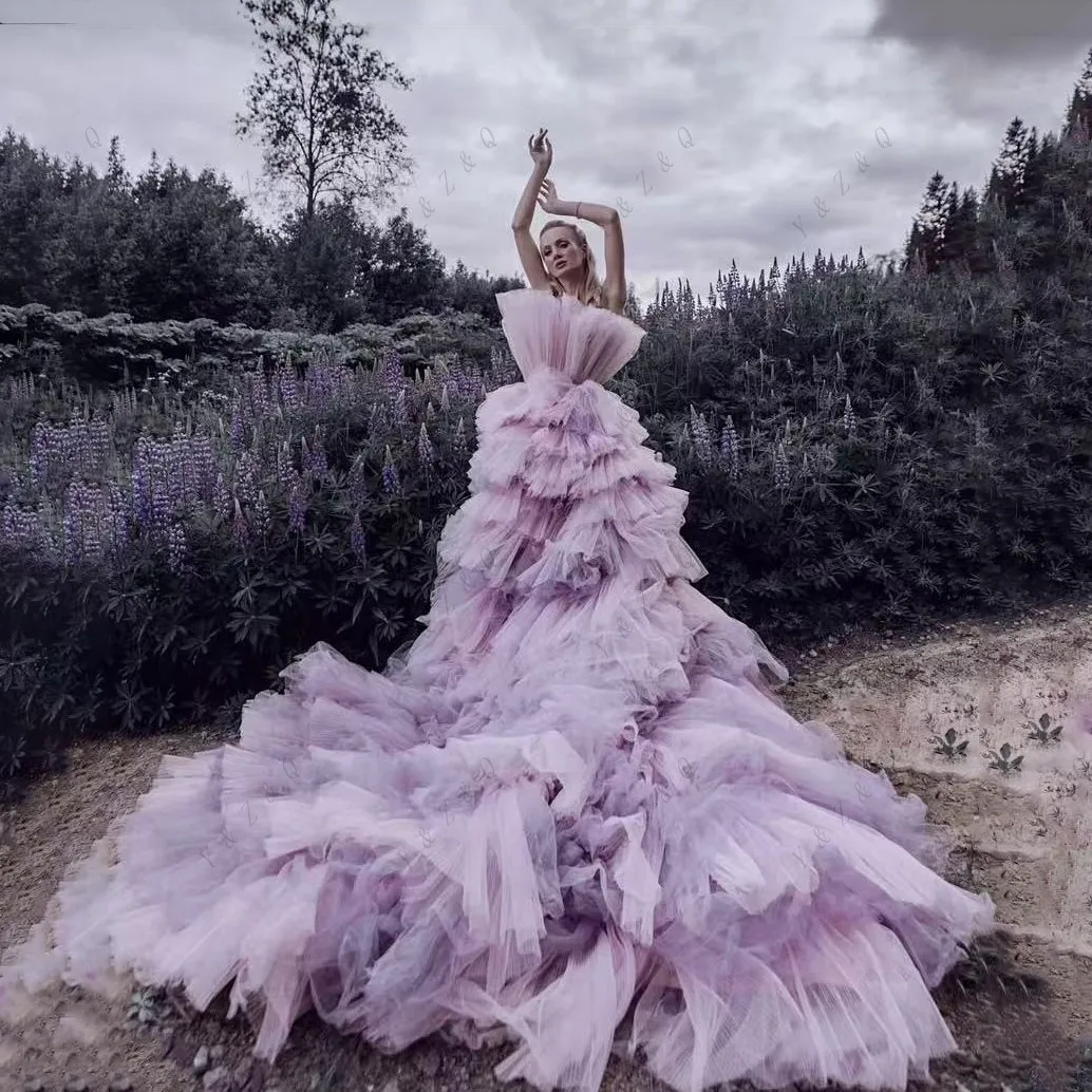 Fotografie Prinses Galajurken Op maat gemaakte gelaagde lila feestjurk Off-shoulder strapless galajurken A-lijn gelaagd