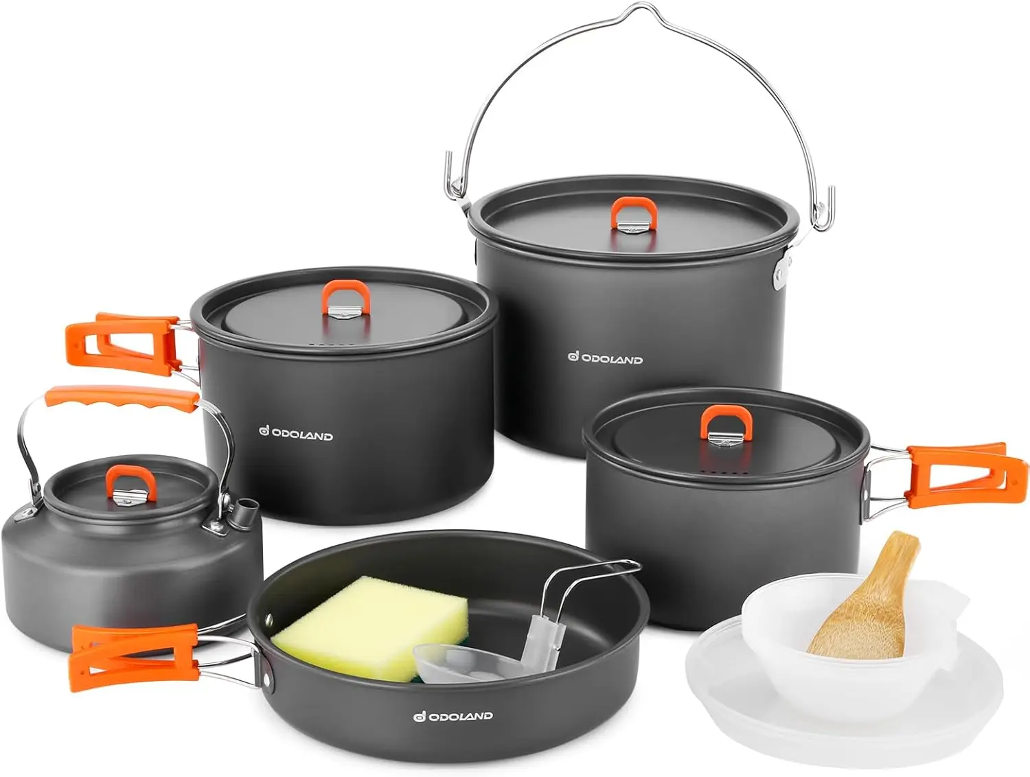 

Large Camping Cookware Set with Hanging Pot, Pan, Kettle, Plates, Bowls & Spoon for Outdoor Cooking and Picnic