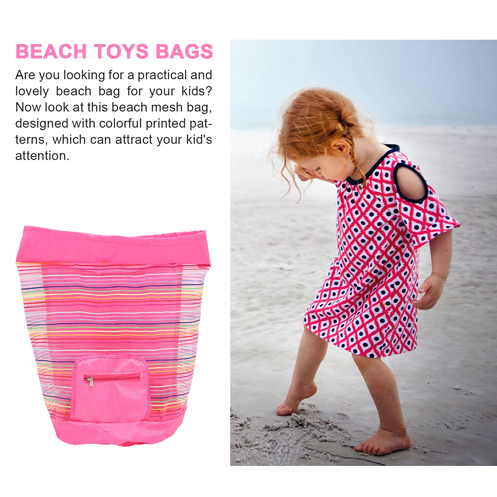 2Pcs Colorful Mesh Beach Bag for Kids Breathable Lightweight Rainbow Design Shell Storage Pouch Travel Sand Play Organization