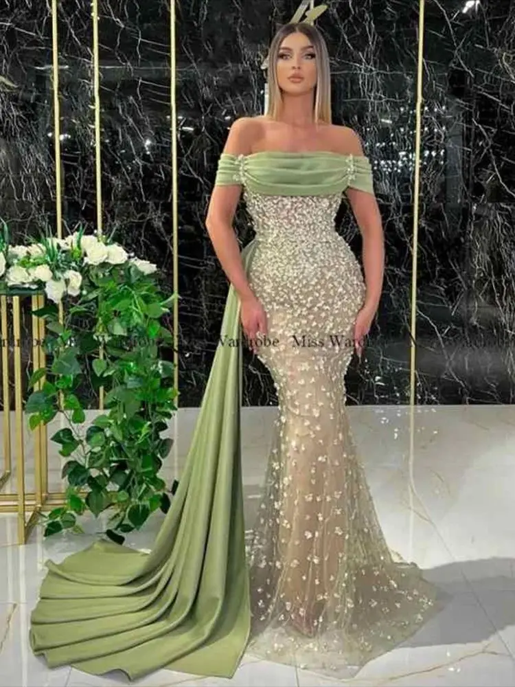 Sparkling Sage Evening Dresses Mermaid Party Prom Gowns Beading Strapless Wedding Guest Dress 2024 Off Shoulder Sleeve Back Out