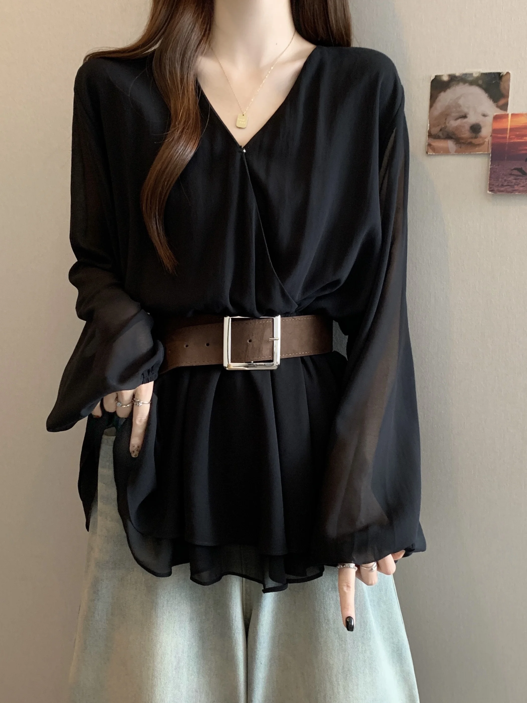 

plus Size Women's V-Ne Long Sve Chiffon irt Spring Autumn Belly Cover Slimming High Waist A-Line Skirt Daily Wear