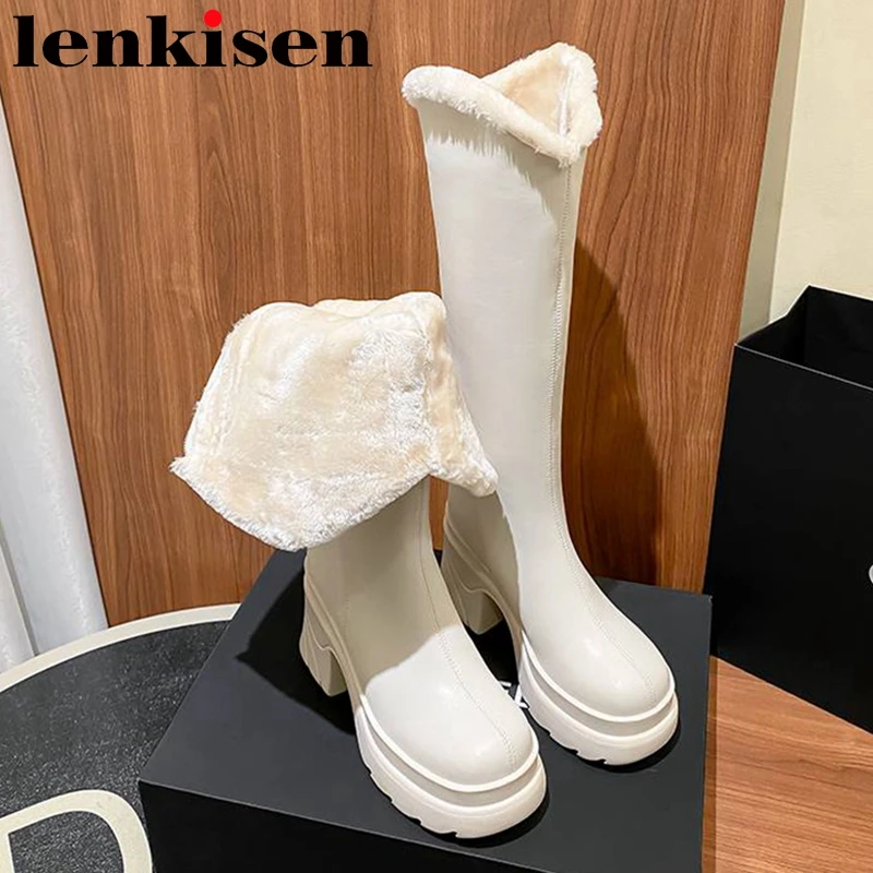 

Lenkisen Wool Cow Leather Round Toe Super Thick High Heel Snow Boots Platform Stay Warm Fur Zipper Simple Style Thigh High Boots