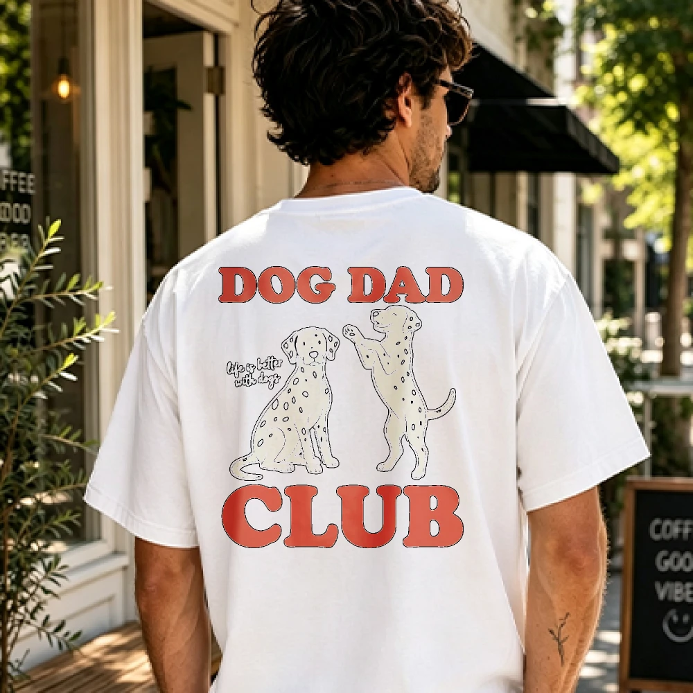 Dog Dad Club Two Dalmatian Spotted Dog Bold Red Letter Graphic T Shirt Cotton Pet Owner Father Gift Retro Casual Countryside Top