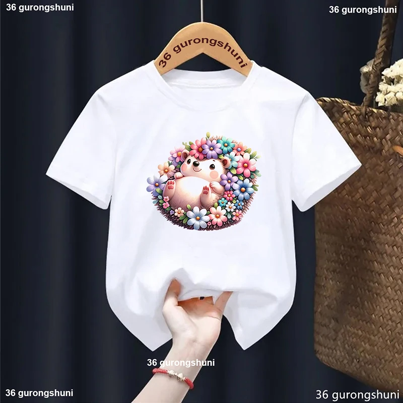 

Kawaii Hedgehog Flowers Printed T Shirt Girls Summer Fashion Kids Clothes Funny White Tshirt Harajuku Shirt