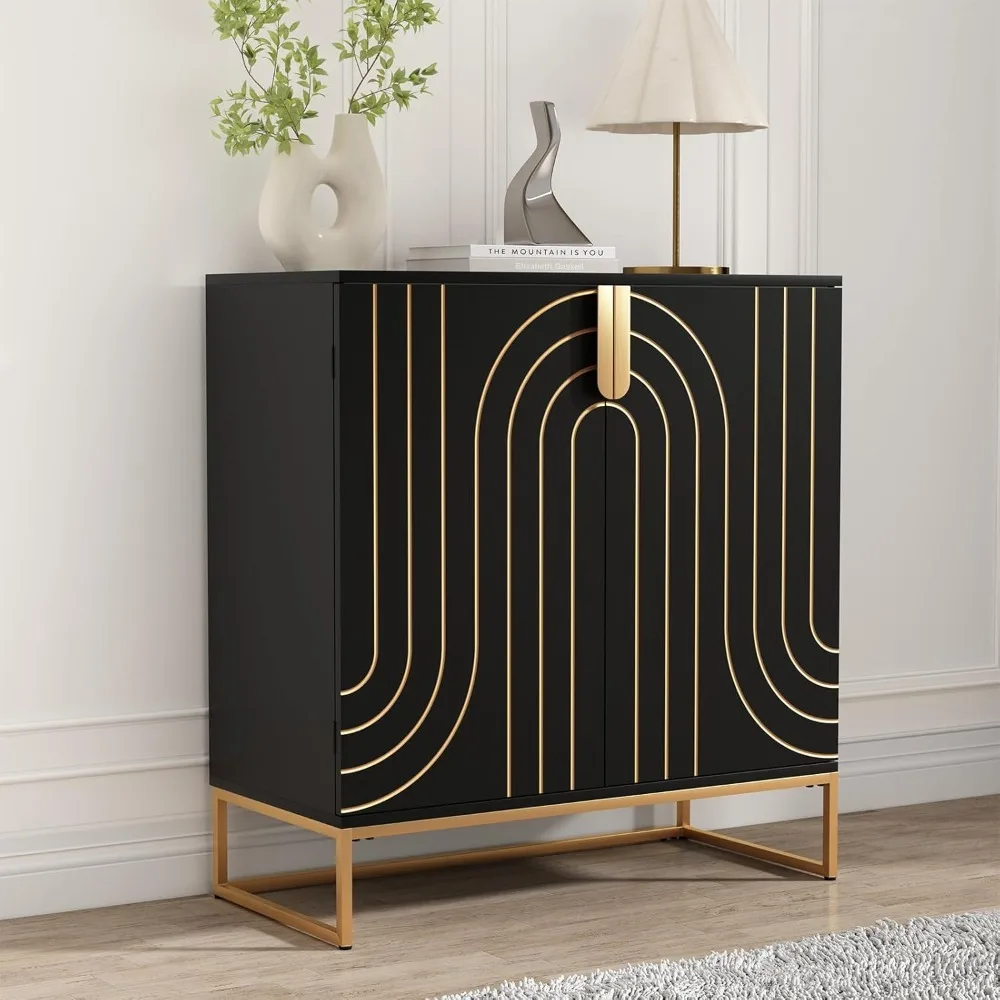 Two Door Woodgrain Decorative Cabinet with Gold Metal Legs Storage Cabinet Sideboard, Black