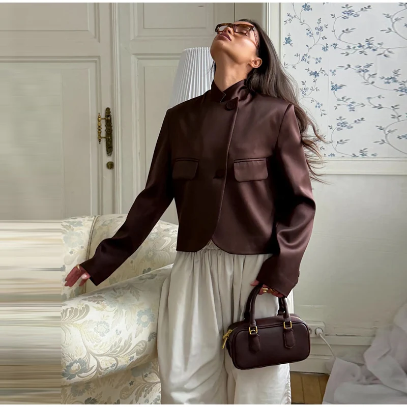Damenmäntel Satin Stehkragen Seitliche Knopfleiste Kurze Anzugjacke Herbst Damen Langarm Knopfleiste Einfarbige Lockere Jacke Neue Oberbekleidung – Detail 13