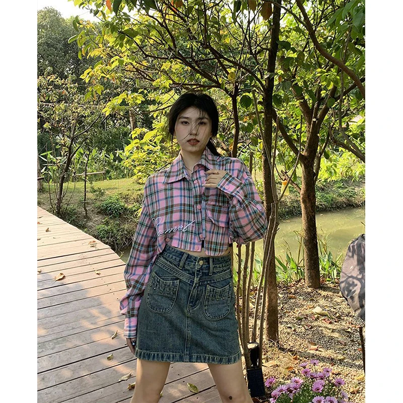 MEXZT S-3XL Harajuku Plaid Shirts Women Oversized Removable Long Sleeve Blouses Streetwear Korean Embroidery Patchwork Tops New