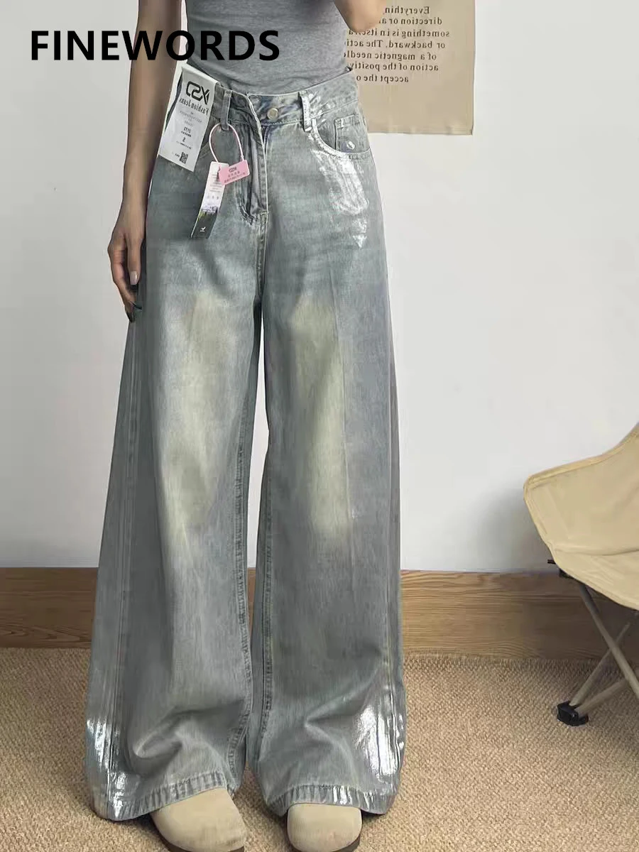 

FINEWORDS Silver Foil stamping High Waist Jeans Women Wide Leg Korean Casual Jeans Streetwear Harajuku Baggy Retro Washed Jeans