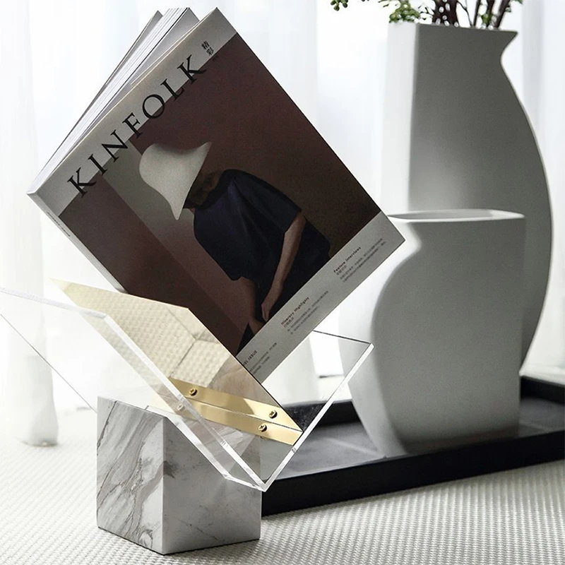 Luxury Natural Marble Bookends Transparent Acrylic Bookshelf Creative Desktop Stone Book Stand Holder Home Decorations