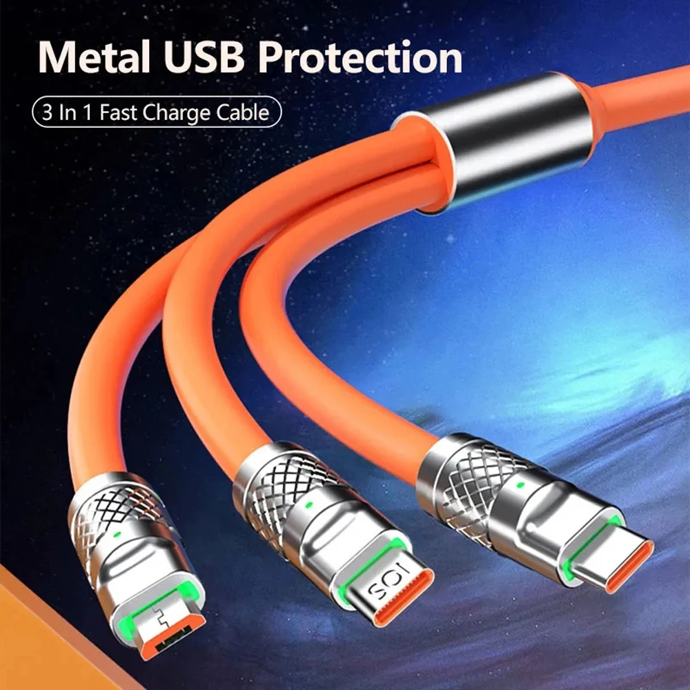 3 In 1 silicone bold Fast Charging Cable 120W Usb Micro Type C Charger Cable For iPhone 14 13 12 11 pro max Samsung Xiaomi