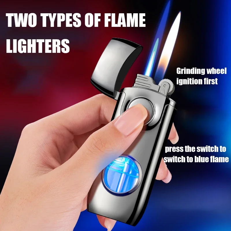 New Double Fire Direct Charge and Open Fire Lighter with Free Switching Creative Perspective Window and Blue Light Lighter