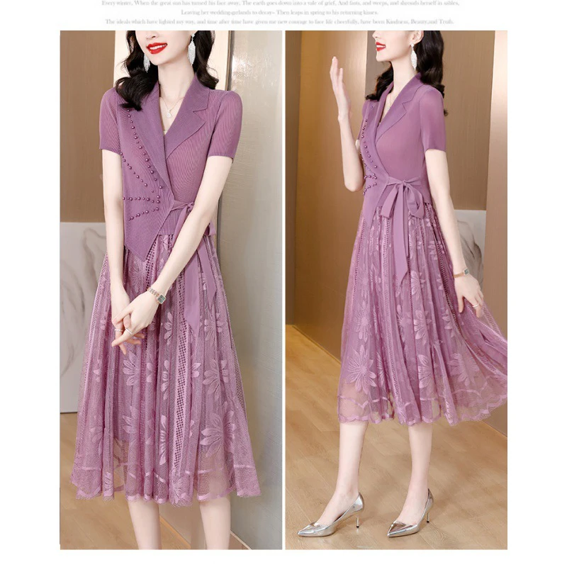 البدلة طوق اللباس المرأة الصيف تصميم جديد أناقة التطريز مطوي أعلى خياطة الأزياء شبكة ألف خط فساتين متوسطة الطول