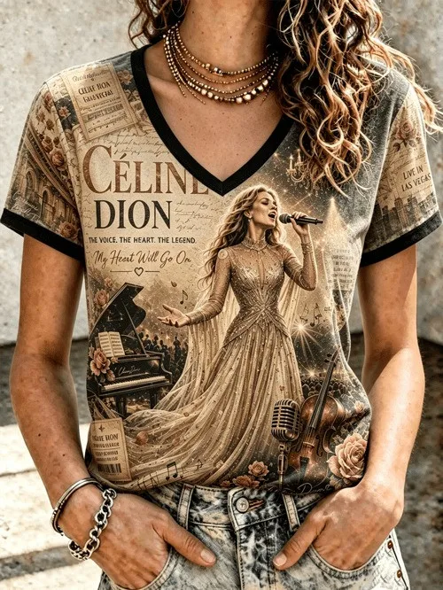 Celine Dion 2026 Paris Tour 3D-Druck-T-Shirt für Herren, atmungsaktiv, schnelltrocknend, kurzärmelig, passende Familienkleidung – Detail 3