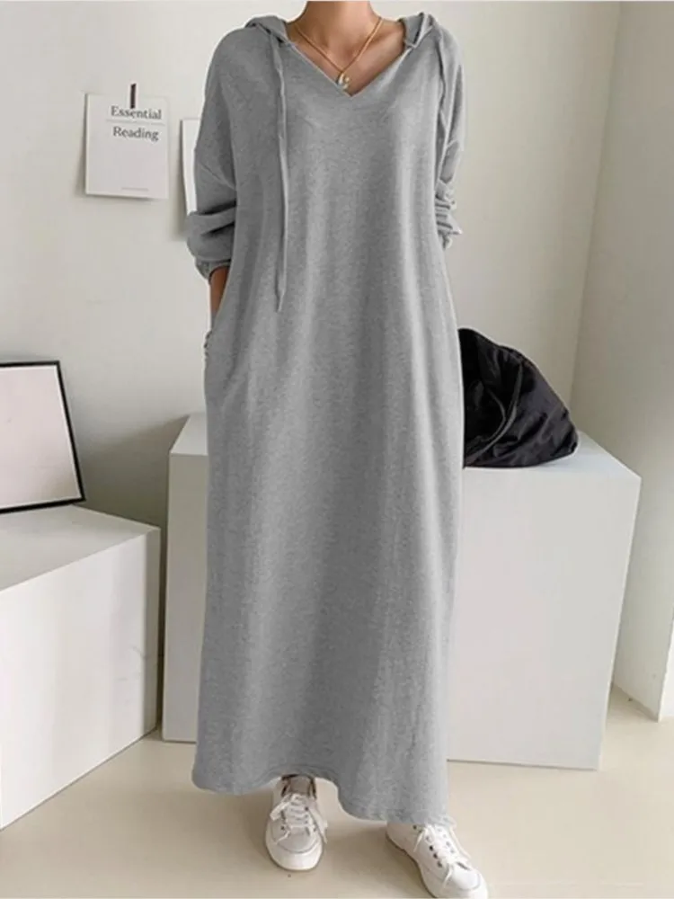 

Autumn Women's Dress 2024 New Fashion Simple Loose Hooded Sweatshirt Dress Winter Long Sleeve Pocket Solid Long Dress Robe Femme
