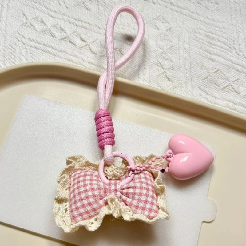 새로운 달콤한 활 플러시 장난감 키 체인 소녀 배낭 귀여운 펜던트 하트 모양의 그리드 Pp 코튼 자동차 교수형 장식 크리스마스 선물