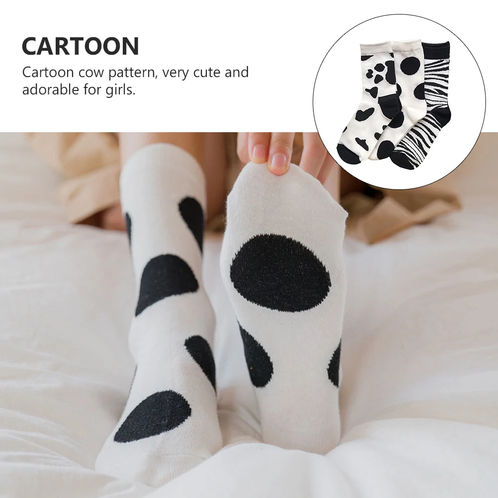 3 pièces chaussettes en coton mi-mollet longueur bas chauds pour les filles Style japonais motif de vache hiver automne chaussettes fille bas