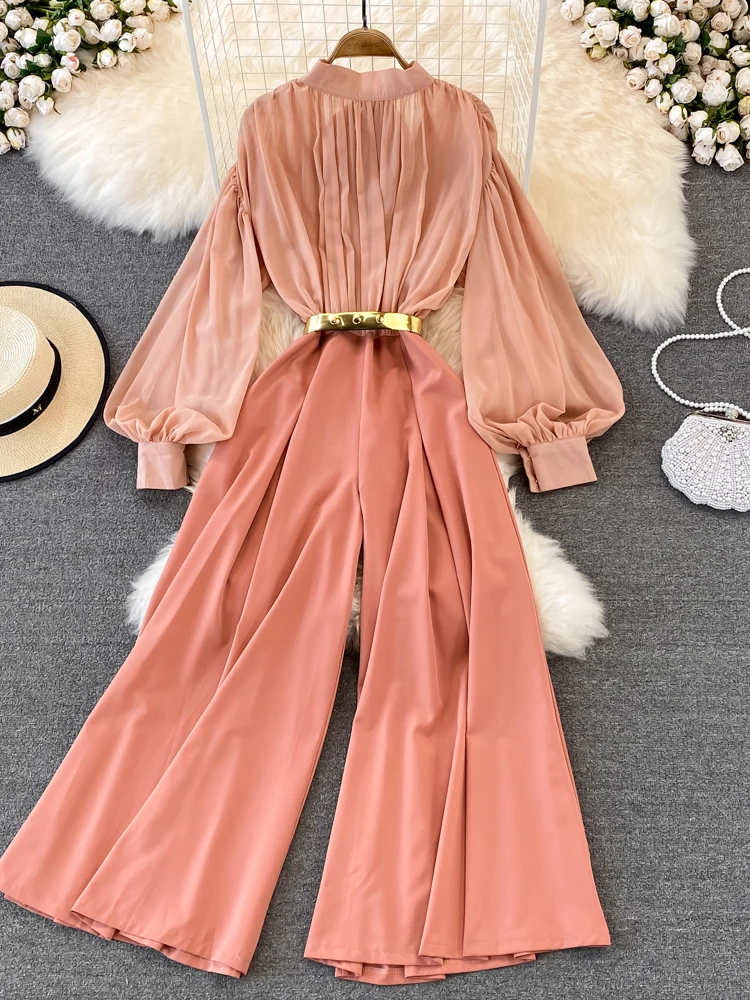 Vintage Women Jumpsuits Autumn Lantern Long Sleeve Stand Collar High Waist Wide Leg Draped Romper Female Elegant Playsuits New