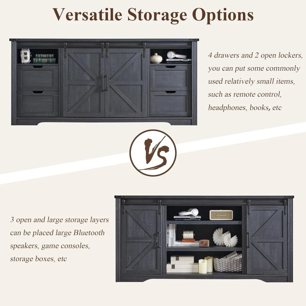 حامل تلفزيون LINGMU Farmhouse لتلفزيون 75 80 بوصة، ومركز ترفيه بطول 32 بوصة مع/4 أدراج وباب حظيرة منزلق، ووحدة تحكم الوسائط الريفية #5