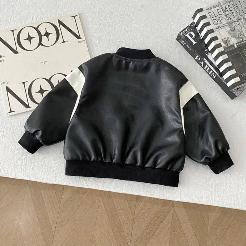 Fashion Baby Boy Girl PU Leather Baseball Jacket Spring Autumn Infant Toddler Child Faux Leather Coat Baby Clothes 1-10Y