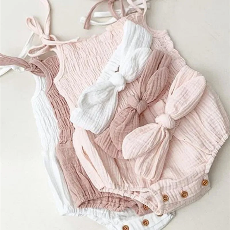 

Newborn Baby Girls Cotton Linen Tie-up Bodysuits Romper Sleeveless Strap Jumpsuits+Headband 2Pcs Summer Solid Outfits Beachwear