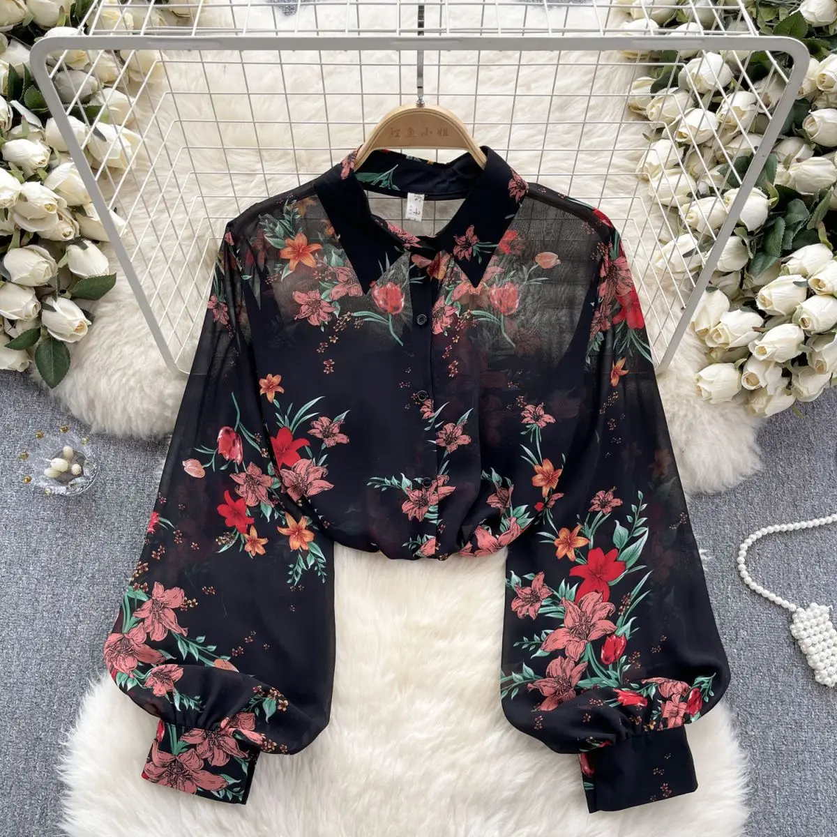 Lantern Sleeve Female Tops Autumn Vintage Chiffon Shirts Ladies Temperament Printing Turn-down Collar Buttons Top Tee Women\'s