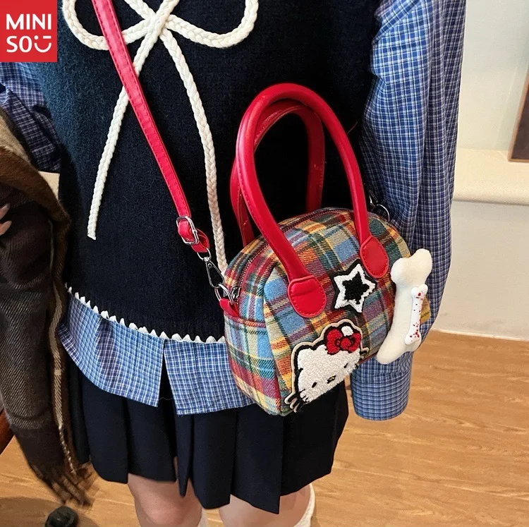 Miniso Korean Style Ins Plaid Hello Kitty Handbag, Cute Bow & Star Crossbody Shoulder Bag