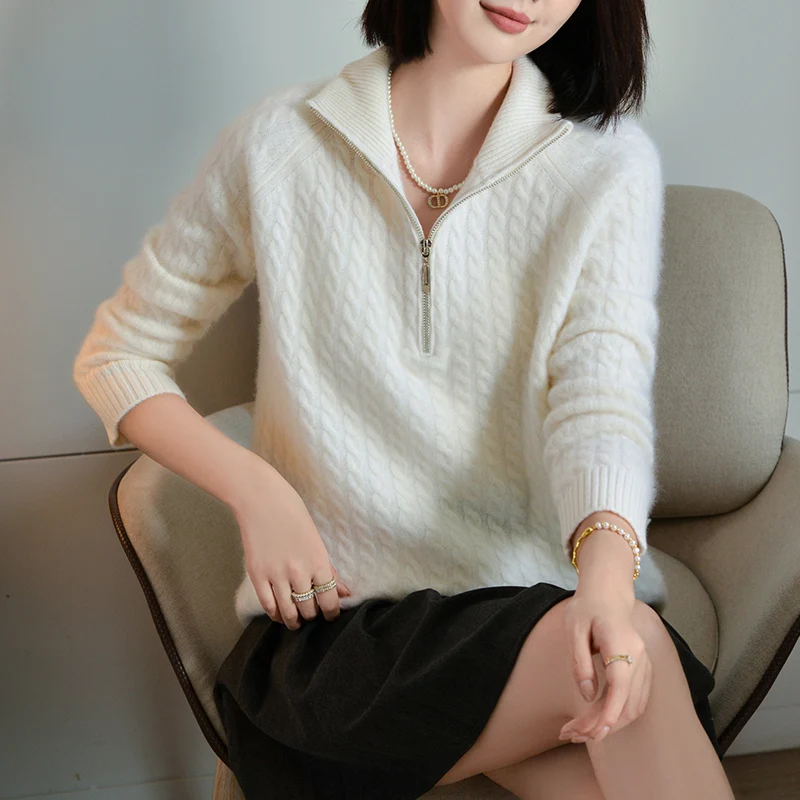 

New 100% Australian wool sweater women's long sleeved knitted loose high-end women's pullover collar wool sweater Solid color