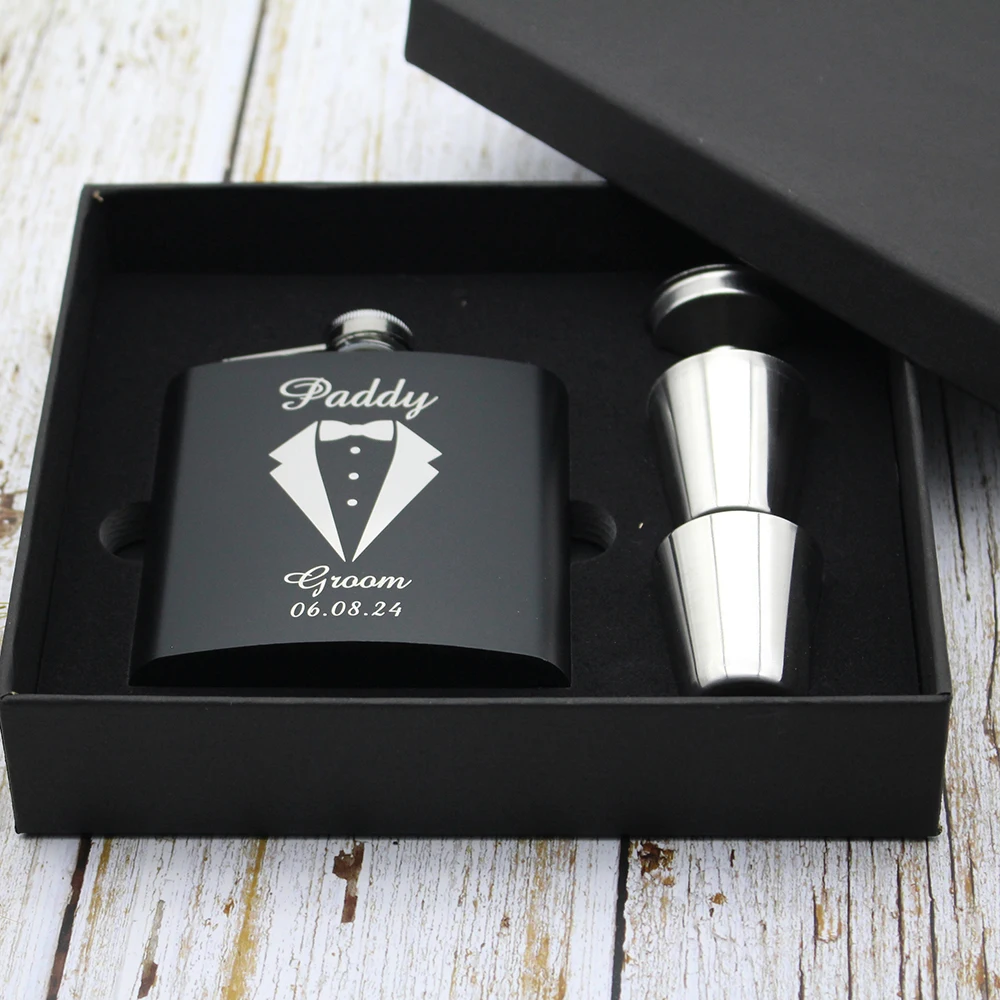 Fiaschetta personalizzata in acciaio inossidabile da 6 once con confezione regalo regalo personalizzato Groomsmen Best Man Groom Gift bomboniera Logo personalizzato