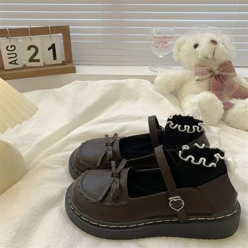 Women Black Platform Mary Jane Shoes with Bow,Preppy JK Lolita Height Increasing Dress Student Shoes for Petite Girls