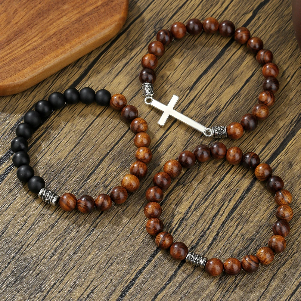 

Punk Fashion Cross Beaded Bracelet Set For Men Tiger Eyes Frosted Stone Handmade Elastic Rope Multi-layer Stacked Bangle Jewelry