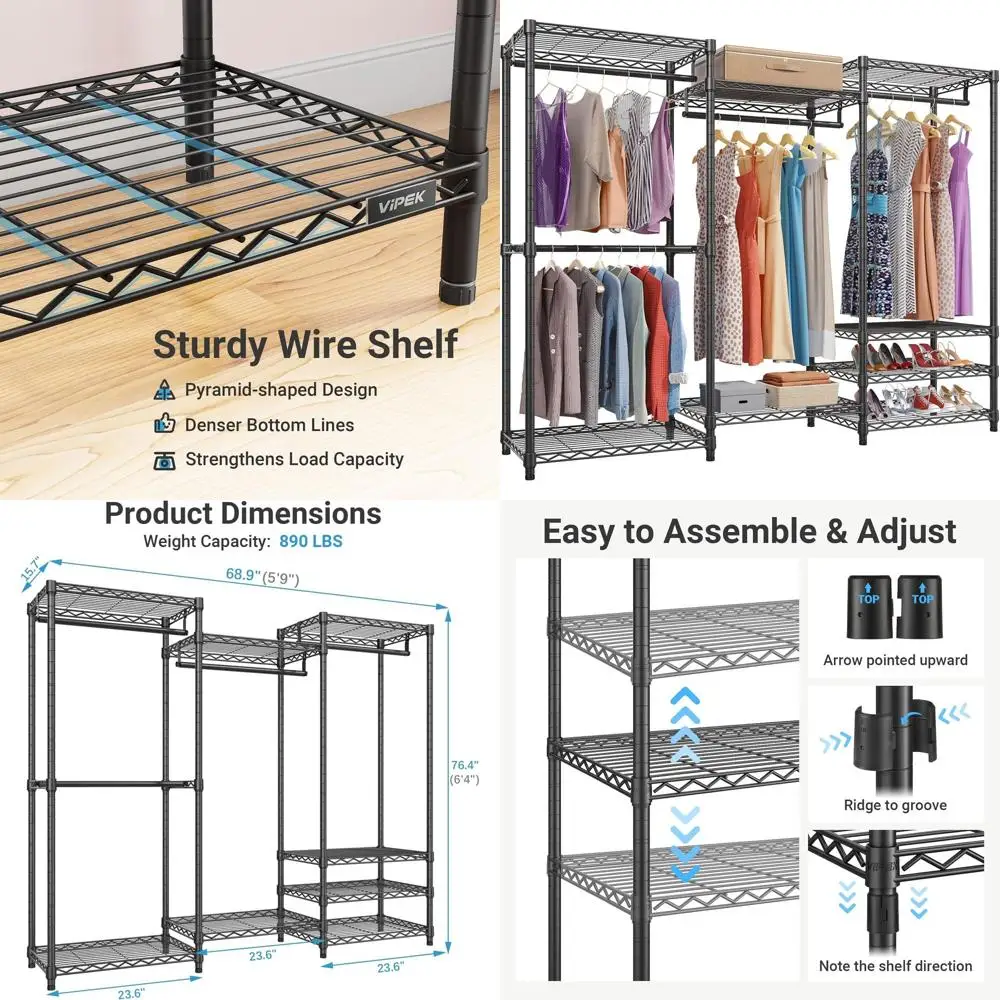 

Portable Heavy-Duty 4-Rod Closet Rack with 8 Shelves, 890 lbs Capacity, Black, 68.9 L