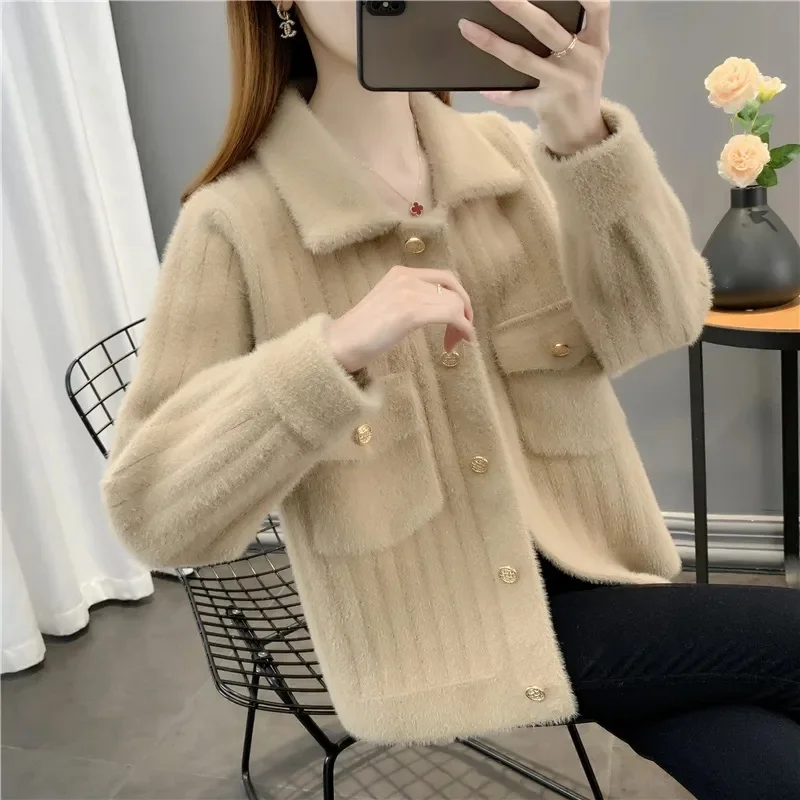 Coat Women\'s Spring Autumn 2024 New Short Mink Velvet Jacket Fashion Loose High Quality Outwear Zipper Knit Cardigan Female Tops