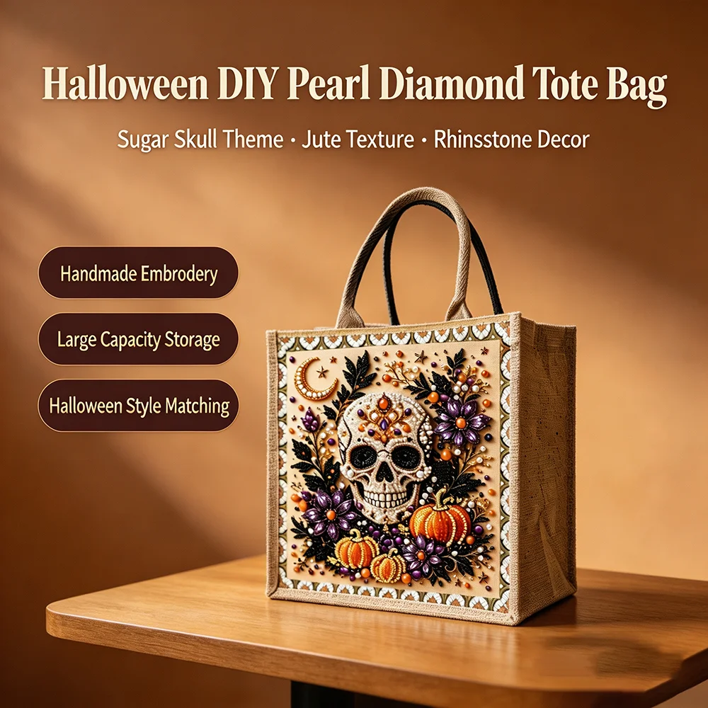 DIY Diamond Painting Tote Bag Halloween Sugar Skull Pearl Special Rhinestone Craft Kit Jute Shopping Handbag Halloween Gift