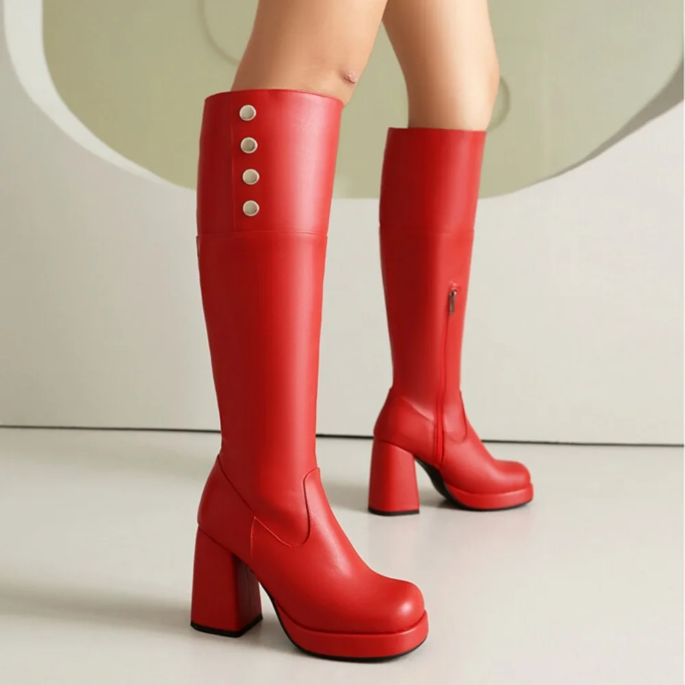 

Женские зимние модные сапоги до колена больших размеров (34-48) на платформе с массивным каблуком, круглым носком и боковой молнией, модель M8-4