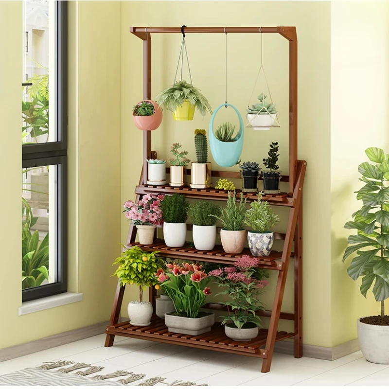 Folding Bamboo Plant Stand Hanging Pot Shelf Rack Indoor Outdoor Greenhouse Stand Multi-Use Garden Organizer Practical Display